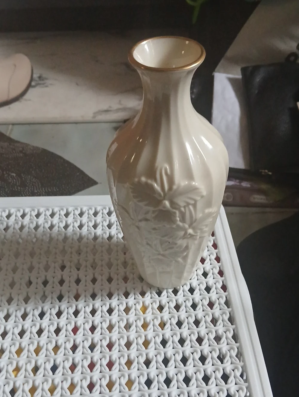 Lenox Ivory Ceramic Floral  Vase with Gold Rim